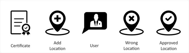 Un conjunto de 5 iconos de negocio como certificado añadir ubicación usuario