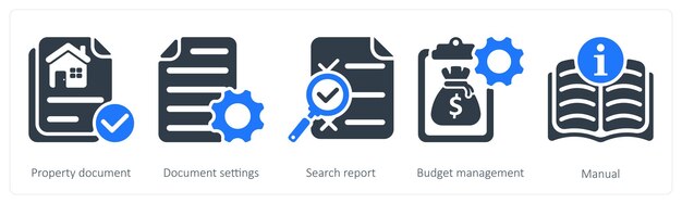Un conjunto de 5 iconos de negocio como propiedad documento documento configuraciones de búsqueda informe