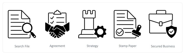 Un conjunto de 5 iconos de negocio y oficina como estrategia de acuerdo de archivo de búsqueda