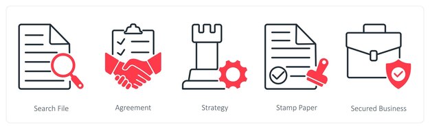 Un conjunto de 5 iconos de negocio y oficina como estrategia de acuerdo de archivo de búsqueda
