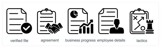 Un conjunto de 5 iconos de negocios como acuerdo de archivo verificado progreso de negocios