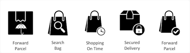 Un conjunto de 5 iconos de negocios como adelante paquete de búsqueda bolsa de compras a tiempo