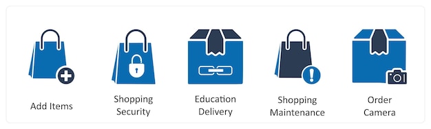 Un conjunto de 5 iconos de negocios como agregar artículos de compras entrega de educación de seguridad