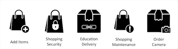 Un conjunto de 5 iconos de negocios como agregar artículos de compras entrega de educación de seguridad