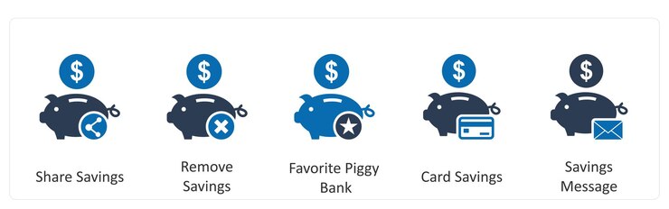 Vector un conjunto de 5 iconos de negocios como ahorros de acciones quitar ahorros favoritos de la alcancía