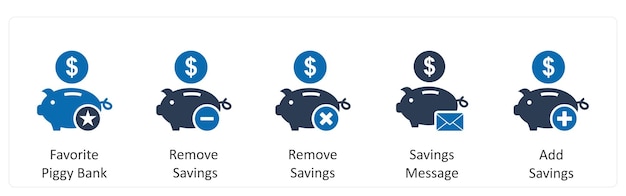 Un conjunto de 5 íconos de negocios como la alcancía favorita eliminar ahorros mensajes de ahorro