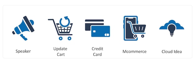 Un conjunto de 5 iconos de negocios como altavoz actualización de la tarjeta de crédito del carrito