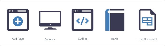 Un conjunto de 5 iconos de negocios como añadir monitor de página y codificación