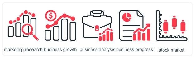 Un conjunto de 5 iconos de negocios como análisis de crecimiento de negocios de investigación de marketing