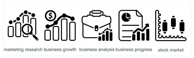 Un conjunto de 5 iconos de negocios como análisis de crecimiento de negocios de investigación de marketing