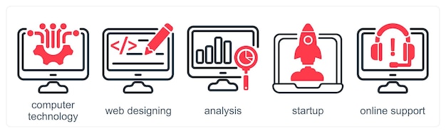 Un conjunto de 5 iconos de negocios como análisis de diseño web de tecnología informática