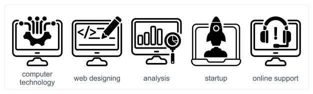 Un conjunto de 5 iconos de negocios como análisis de diseño web de tecnología informática