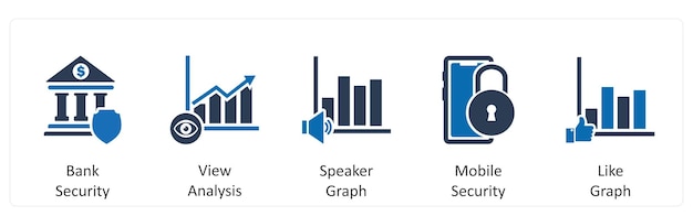 Un conjunto de 5 iconos de negocios como análisis de la vista de seguridad del banco gráfico de altavoz