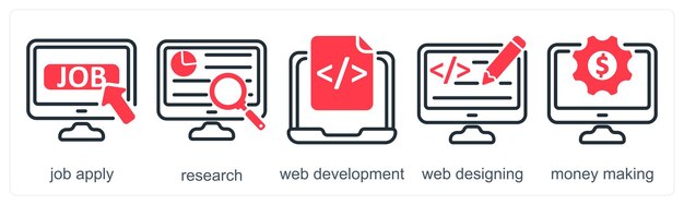 Un conjunto de 5 íconos de negocios como aplicación de trabajo investigación desarrollo web