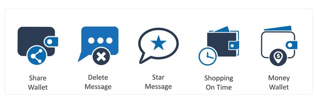 Un conjunto de 5 íconos de negocios como billetera de compartición borrar mensaje mensaje estrella