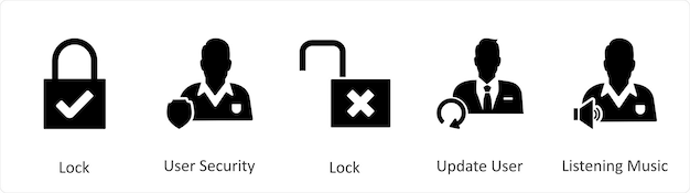 Un conjunto de 5 iconos de negocios como bloqueo de usuario actualización de seguridad de usuario