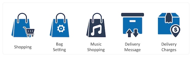 Un conjunto de 5 iconos de negocios como la bolsa de compras configuración de música de compras