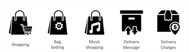 Un conjunto de 5 iconos de negocios como la bolsa de compras configuración de música de compras