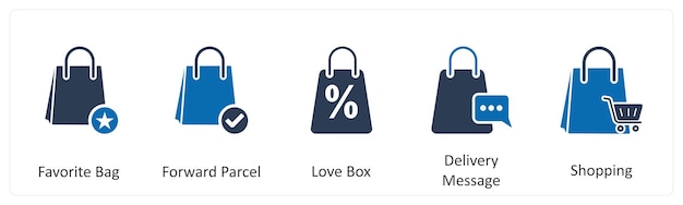 Un conjunto de 5 iconos de negocios como bolsa favorita hacia adelante paquete caja de amor