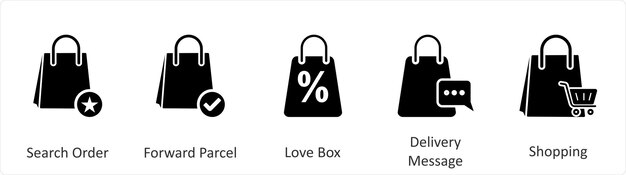 Un conjunto de 5 iconos de negocios como bolsa favorita hacia adelante paquete caja de amor