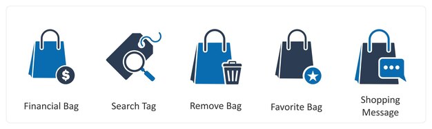 Un conjunto de 5 íconos de negocios como bolsa financiera búsqueda etiqueta eliminar etiqueta