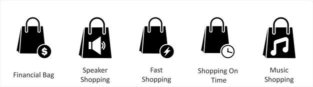 Un conjunto de 5 íconos de negocios como bolso financiero altavoz compras compras rápidas