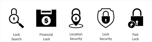 Un conjunto de 5 íconos de negocios como búsqueda de cerradura de ubicación de cerrado financiero de seguridad