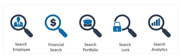Un conjunto de 5 iconos de negocios como búsqueda empleado búsqueda financiera búsqueda cartera