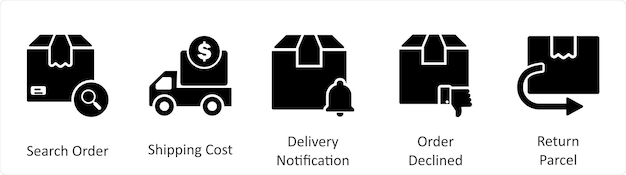 Un conjunto de 5 íconos de negocios como búsqueda de la orden de envío del costo de la notificación de entrega