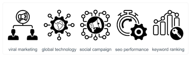 Un conjunto de 5 iconos de negocios como campaña social de tecnología global de marketing viral