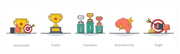Un conjunto de 5 íconos de negocios como campeón del trofeo de logros
