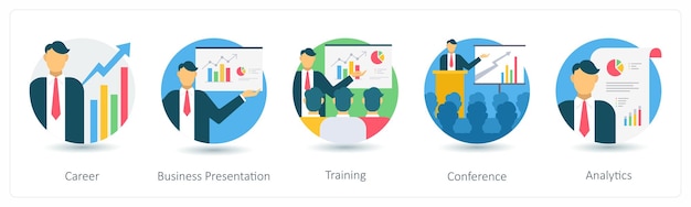 Un conjunto de 5 íconos de negocios como capacitación en presentaciones de negocios de carrera