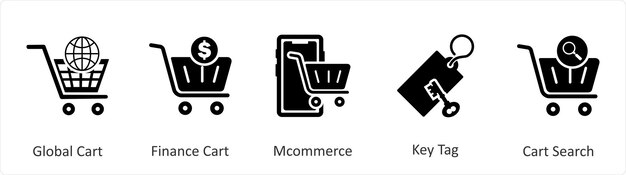 Un conjunto de 5 íconos de negocios como el carrito global de finanzas del carrito m comercio