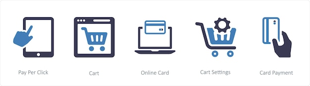 Un conjunto de 5 iconos de negocios como el carrito de pago por clic