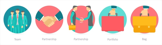 Un conjunto de 5 iconos de negocios como cartera de asociación de equipo