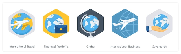 Un conjunto de 5 íconos de negocios como cartera financiera de viajes internacionales en el mundo