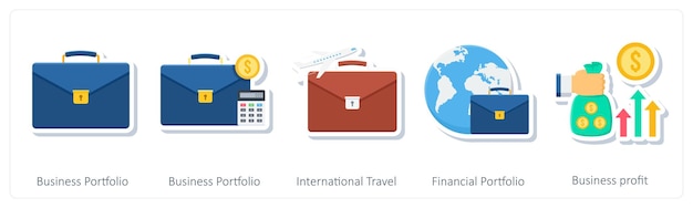 Un conjunto de 5 iconos de negocios como cartera de negocios cartera financiera de viajes internacionales