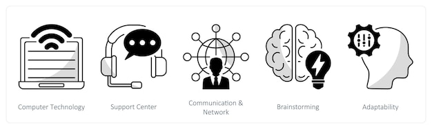 Un conjunto de 5 iconos de negocios como centro de comunicación y red de soporte de tecnología informática