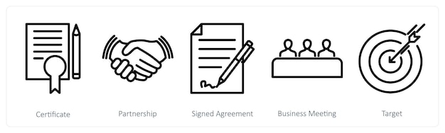 Un conjunto de 5 iconos de negocios como certificado de asociación firmado acuerdo