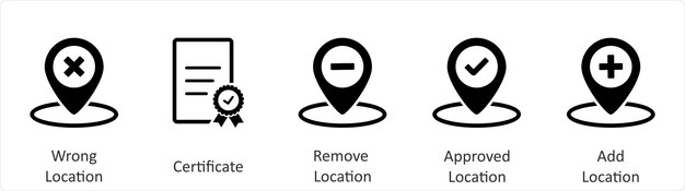 Un conjunto de 5 iconos de negocios como certificado de ubicación errónea eliminar ubicación