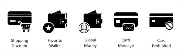 Un conjunto de 5 íconos de negocios como compras descuento favorito billetera dinero global