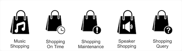 Un conjunto de 5 íconos de negocios como compras de música compras en el mantenimiento de compras de tiempo