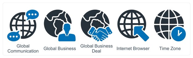 Un conjunto de 5 iconos de negocios como comunicación global navegador de Internet de negocios globales
