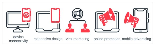 Un conjunto de 5 iconos de negocios como conectividad de dispositivo diseño responsivo marketing viral