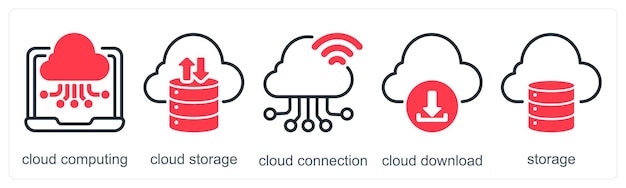 Un conjunto de 5 iconos de negocios como conexión de almacenamiento en nube de computación en nube