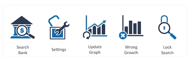 Un conjunto de 5 iconos de negocios como configuración de búsqueda del banco actualiza el gráfico