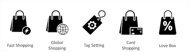 Un conjunto de 5 iconos de negocios como la configuración de la etiqueta de compras globales de compras rápidas