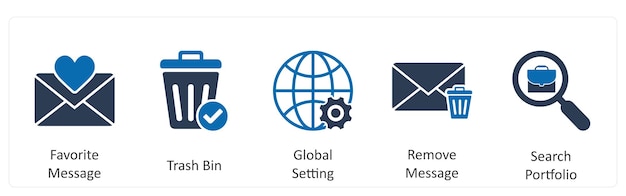 Un conjunto de 5 iconos de negocios como configuración global de la basura de mensajes favoritos