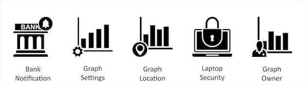 Un conjunto de 5 iconos de negocios como configuración de gráficos de notificación bancaria ubicación de gráficos