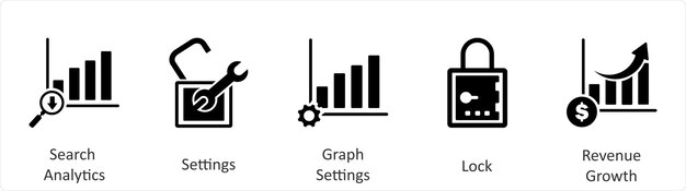 Un conjunto de 5 iconos de negocios como configuraciones de análisis de búsqueda configuraciones de gráfico